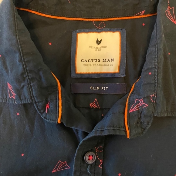 Cactus Man-Men's Short Sleeve Button‎ Down-Slim Fit-Navy Blue/Pink Airplanes- S - Picture 4 of 8